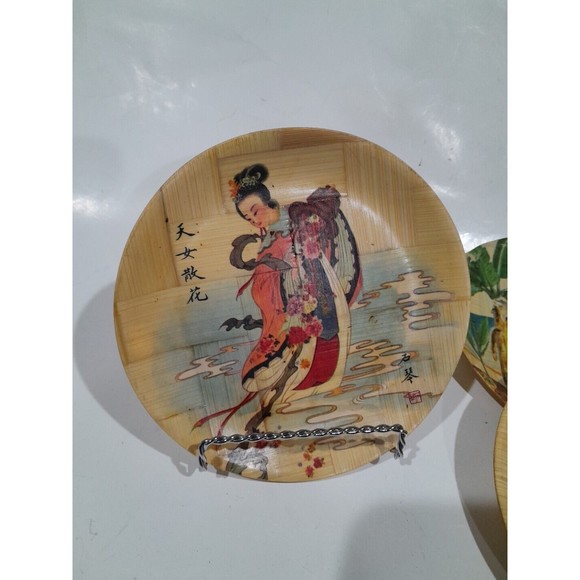 Vintage Chinoiserie Bamboo Woven Asian  Women Art Plates Set Of 4  6" - Picture 2 of 10